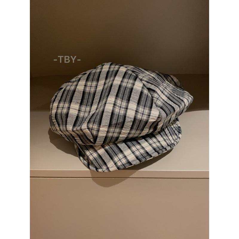 Retro Plaid Beret Women's Plaid College Style Painter's Hat Showing Face Small Big Head Circumference Cloud Octagonal Hat