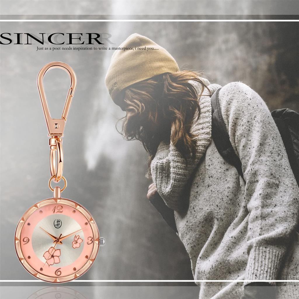Schlüsselanhänger Uhr Clip Karabiner Uhr Anhänger Uhr Blume Damen Analog Wasserdicht Roségold Modeaccessoire