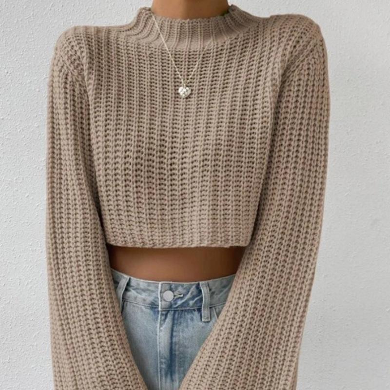 European & American Women's Solid Color Knit Bell Sleeve Cropped Sweater
