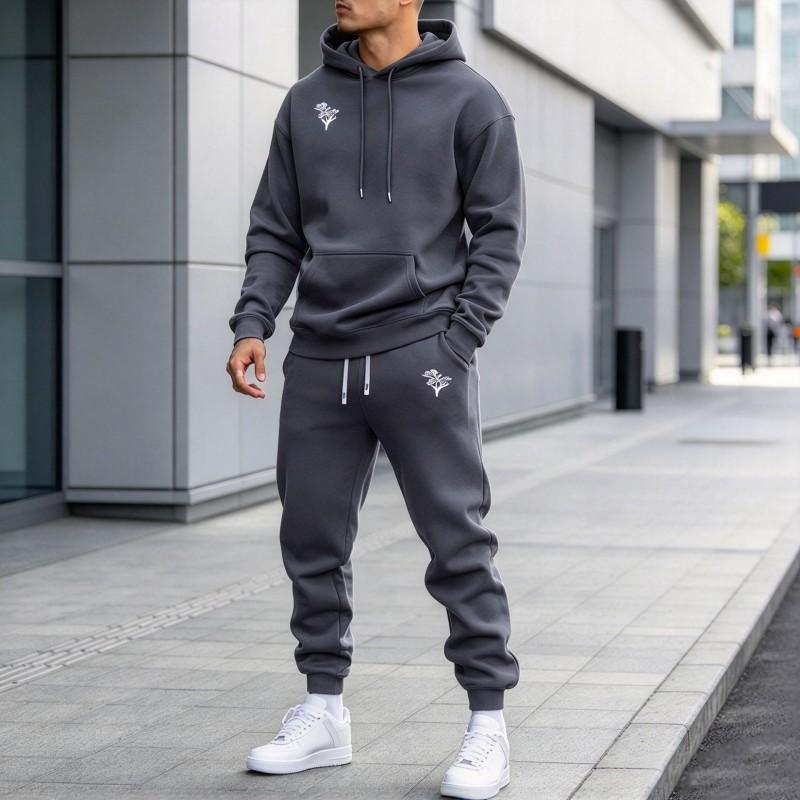 Mens Hoodie - Set Rose Floral Print Loose Casual Sport Two Piece
