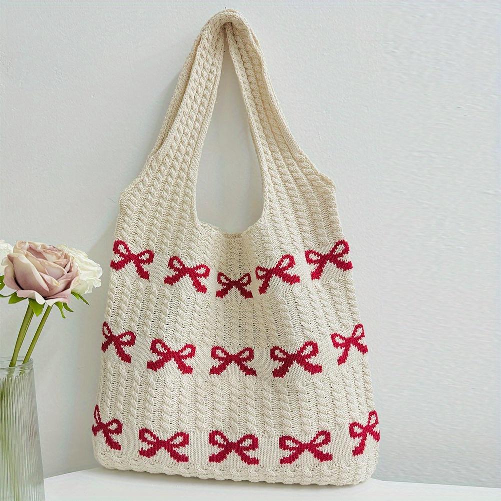 

Knitted Handbags Large Capacity Bow Pattern Crochet Tote Bag Bow Pattern Crochet Tote Bag Multifunctional Knitted Shopping Bag красный