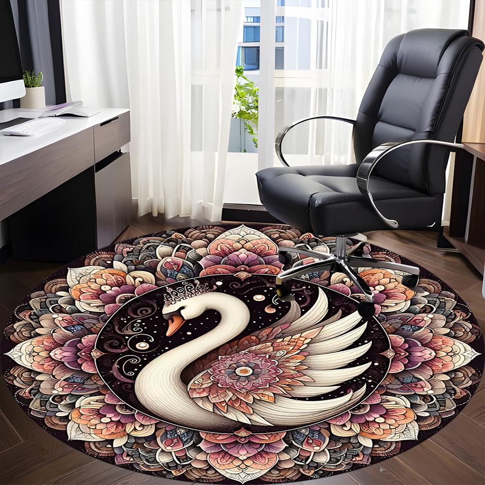 1PC Swan Mandala Art Office Round Rug, Non Slip, Soft and Durable Office Rug for Interior Decoration, Perfect for Office