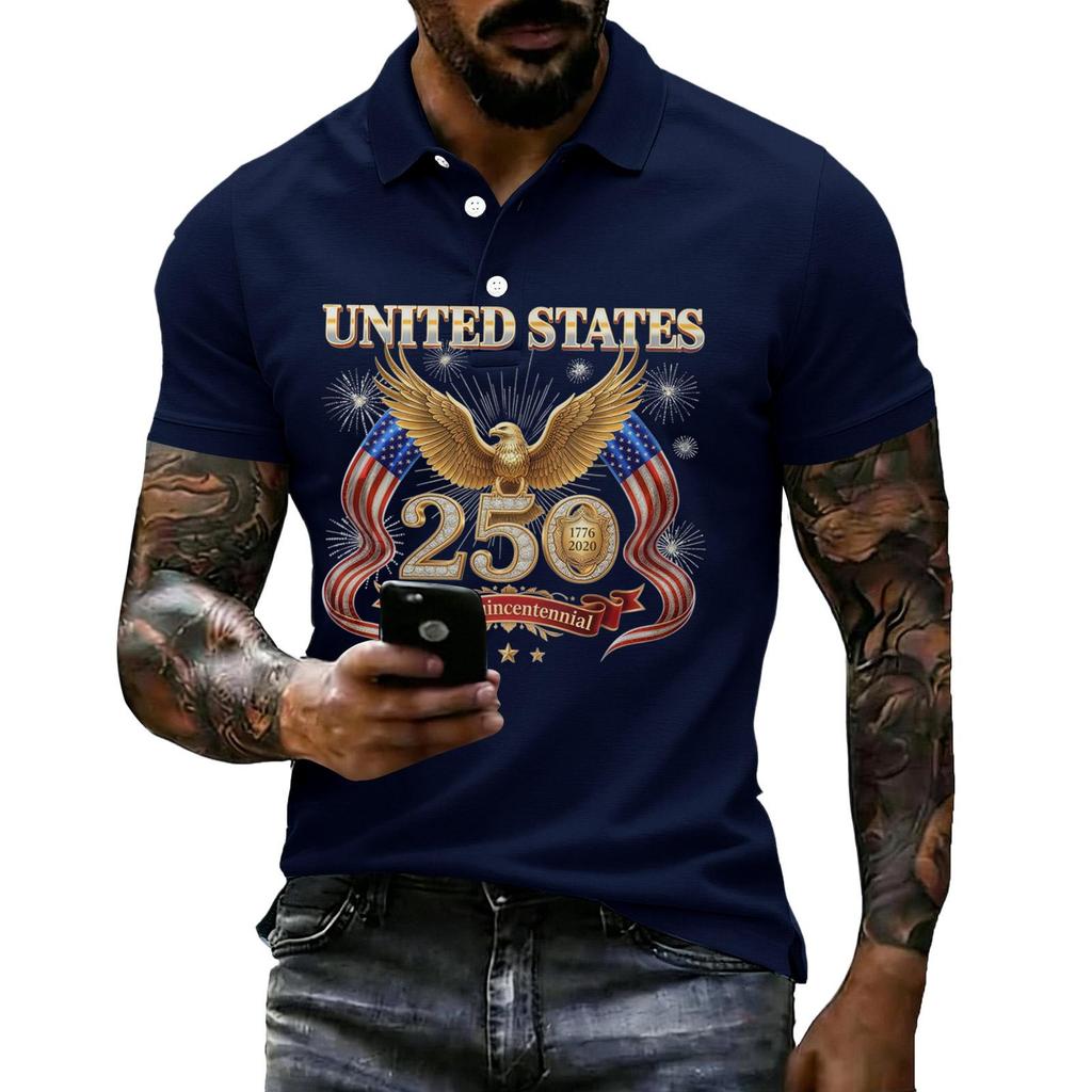 Men's Casual Polo Shirt Short Sleeve Flag Print Lightweight Breathable Comfortable Summer Top with Button Collar