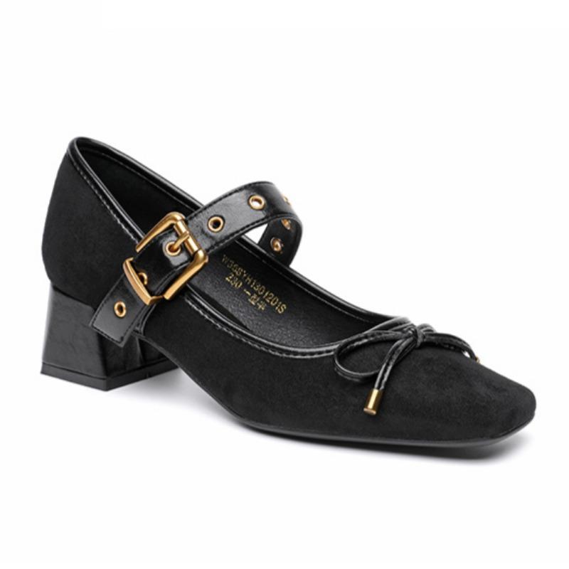 Women's Thick Heel Shoes Spring Square Head Shallow Mouth Suede Butterfly Knot Anti-slip Wear-resistant High Heels