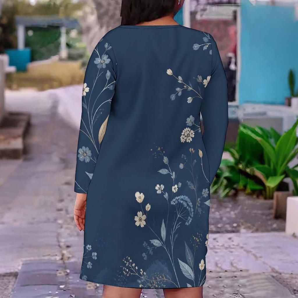 Women Plus Size V Neck Long Sleeve Floral Printed Navy Blue Fitted Dress
