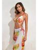 2026 European & American Printed Backless Bikini Three-Piece Set with Long Gauze Skirt