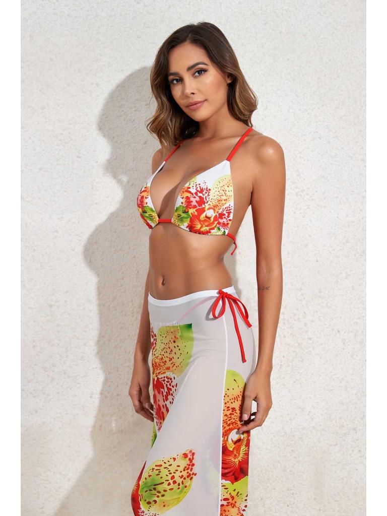 2026 European & American Printed Backless Bikini Three-Piece Set with Long Gauze Skirt