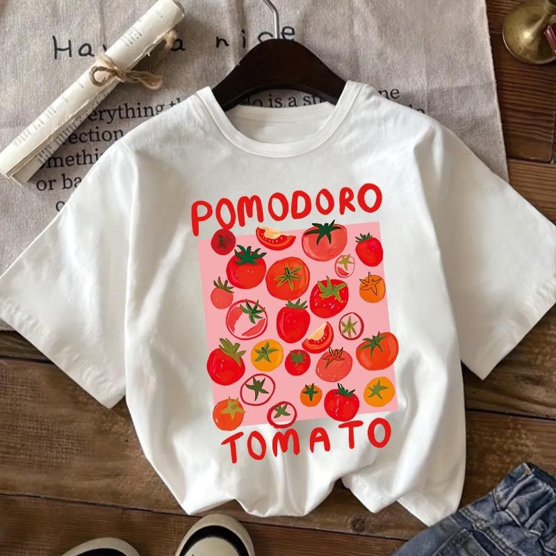 kids Vintage Italian Style Crewneck Short Sleeve T-Shirt, Tomato "POMODORO" Print White Casual Summer Tee