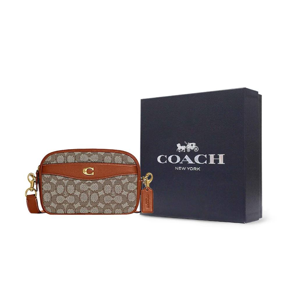 Coach Camera 23 Zip Closure External Pocket Classic Monogram Fabric With Leather Camera Bag Women Shoulder Bag Brown CC401-B4TA7