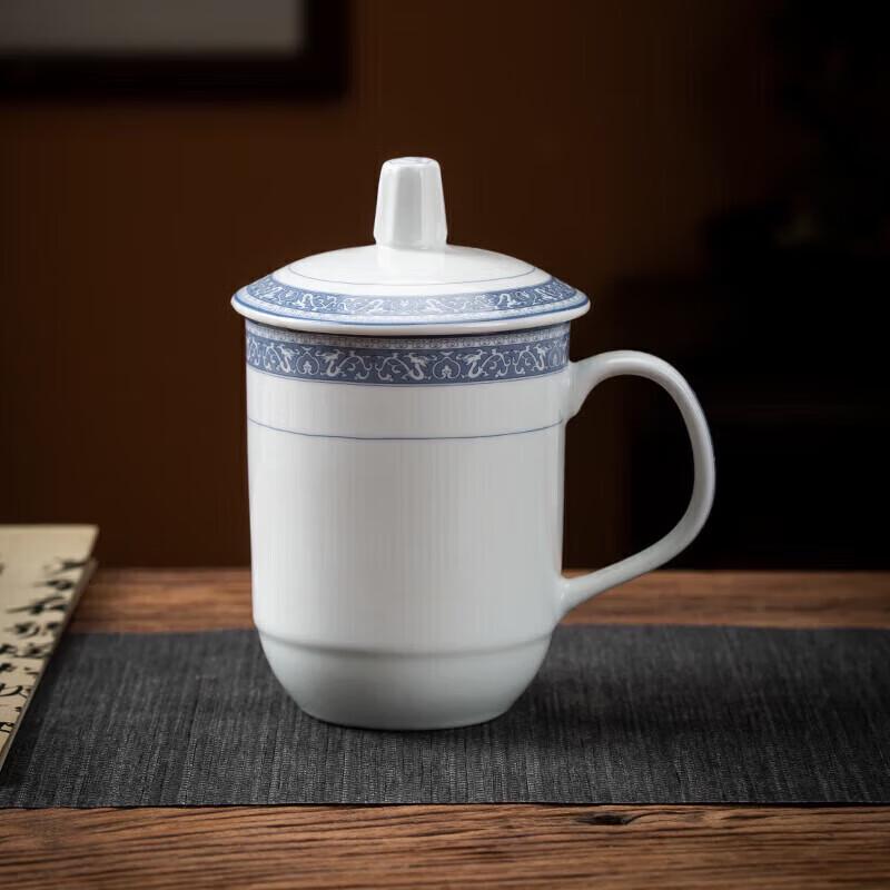 Blue & White Ceramic Office/Meeting Cups with Lids (Set of 10)