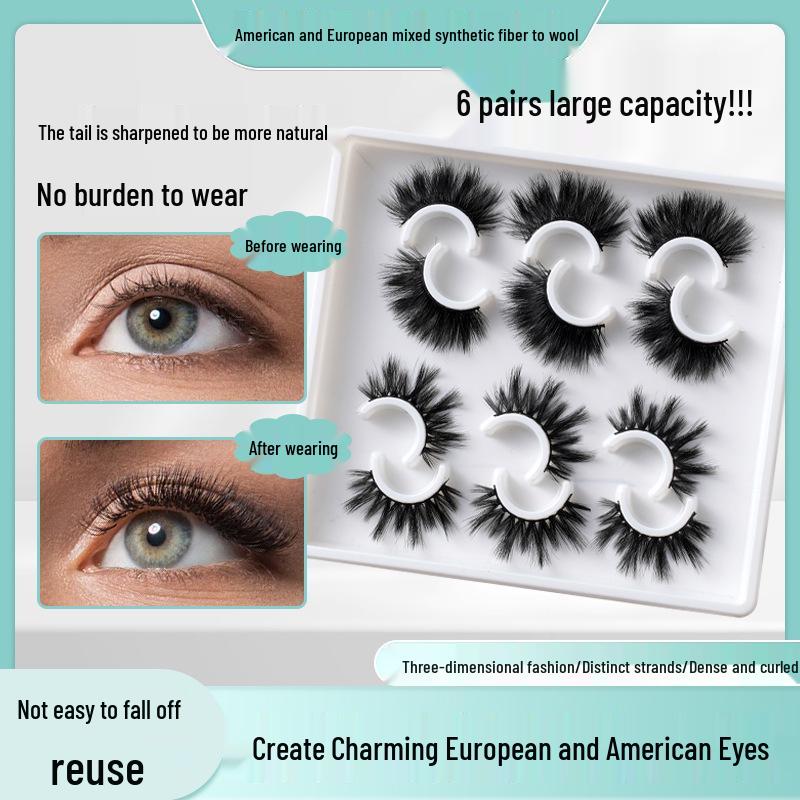 

European & American Thick Curly False Eyelashes, 6 Pair Set, Large Capacity, Synthetic Fiber for Enhanced Eye Appearance. естественный/чёрный