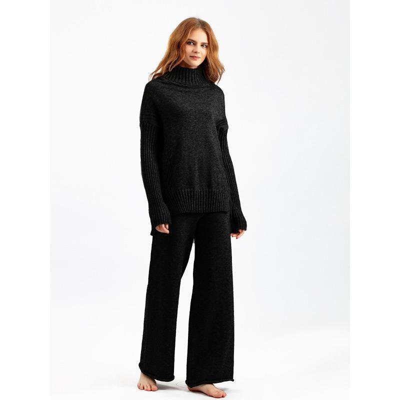 Autumn and Winter New Sweater 2piece Set for Women Lazy Style Loose High-neck Suit for Women Fashionable Casual Wide-leg Pants