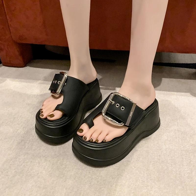 Moda 8cm Ciabatte Estive da Donna Chunky Moda Sandali con Zeppa Infradito Ciabatte con Fibbia Zeppe Platform Scivoli da Spiaggia Zapatos