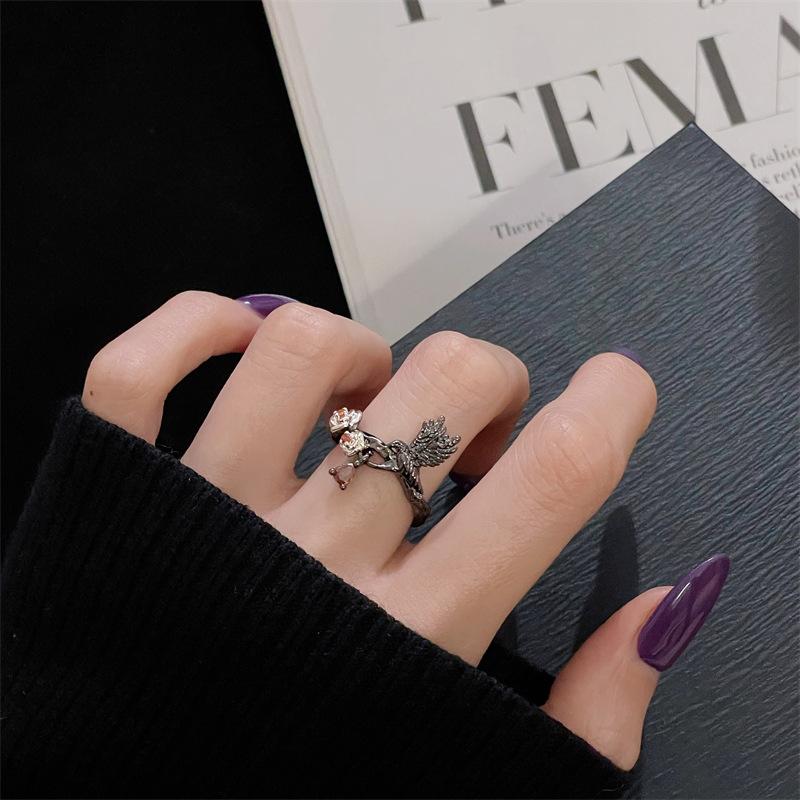 Dark Gothic Personality Raven Diamond Open Ring Personality Demon Wings Sweet Cool Love Thorns Accessories Female