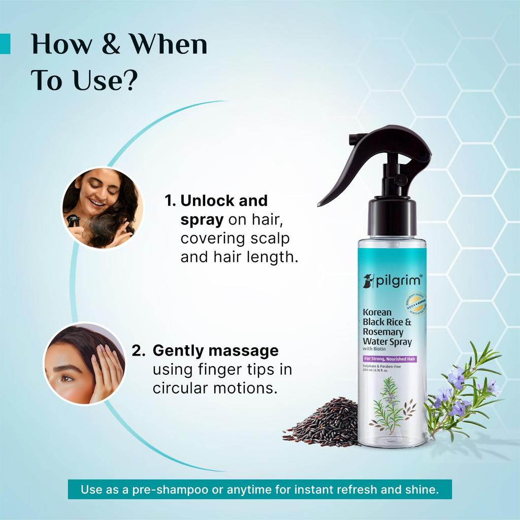 Spray Capilar Água de Arroz Negro Alecrim Pilgrim 200 ml Para Brilho Forte Nutrido Cuidado Diário Leve Sem Enxágue