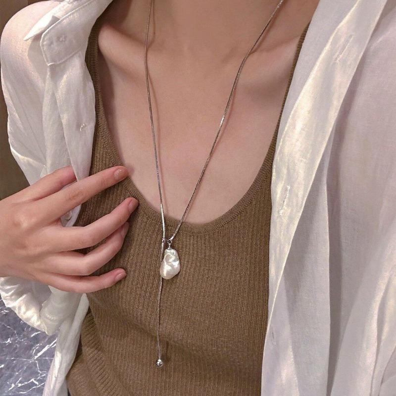 Classic Silver Plated Adjusting Snake Sweater Chain Chokers For Women Irregular Baroque Imitation Pearl Pendant Necklaces