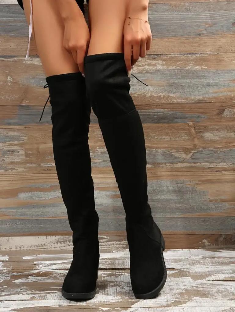 Mode Mode Slim Bottes Au-Dessus du Genou Femmes Automne Hiver Bottes Longues en Peluche Courte Femme Noir Flock Talon Bas Cuisardes Grande Taille