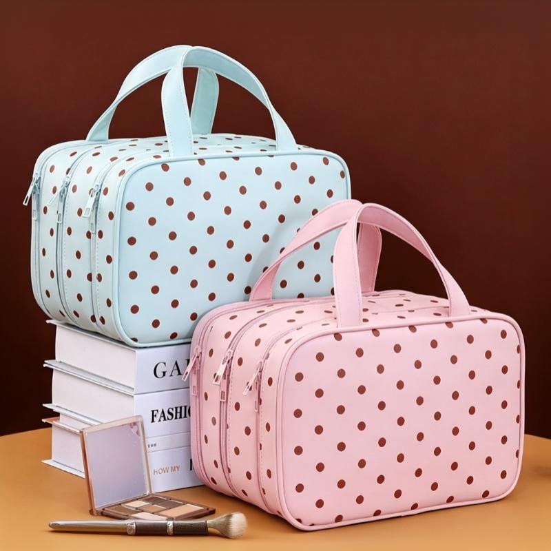 Water Resistant Polka Dot Cosmetic Bag Large Capacity Multi Pockets For Travel Daily Toiletry Skincare Storage