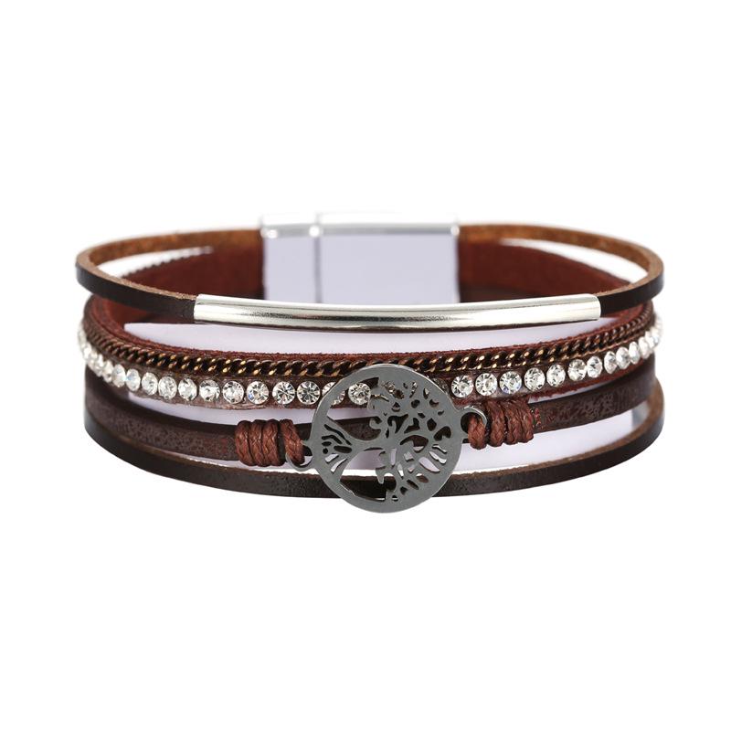 Bohemian Multi-Layer Leather Bracelet with Rhinestone Tree of Life Design