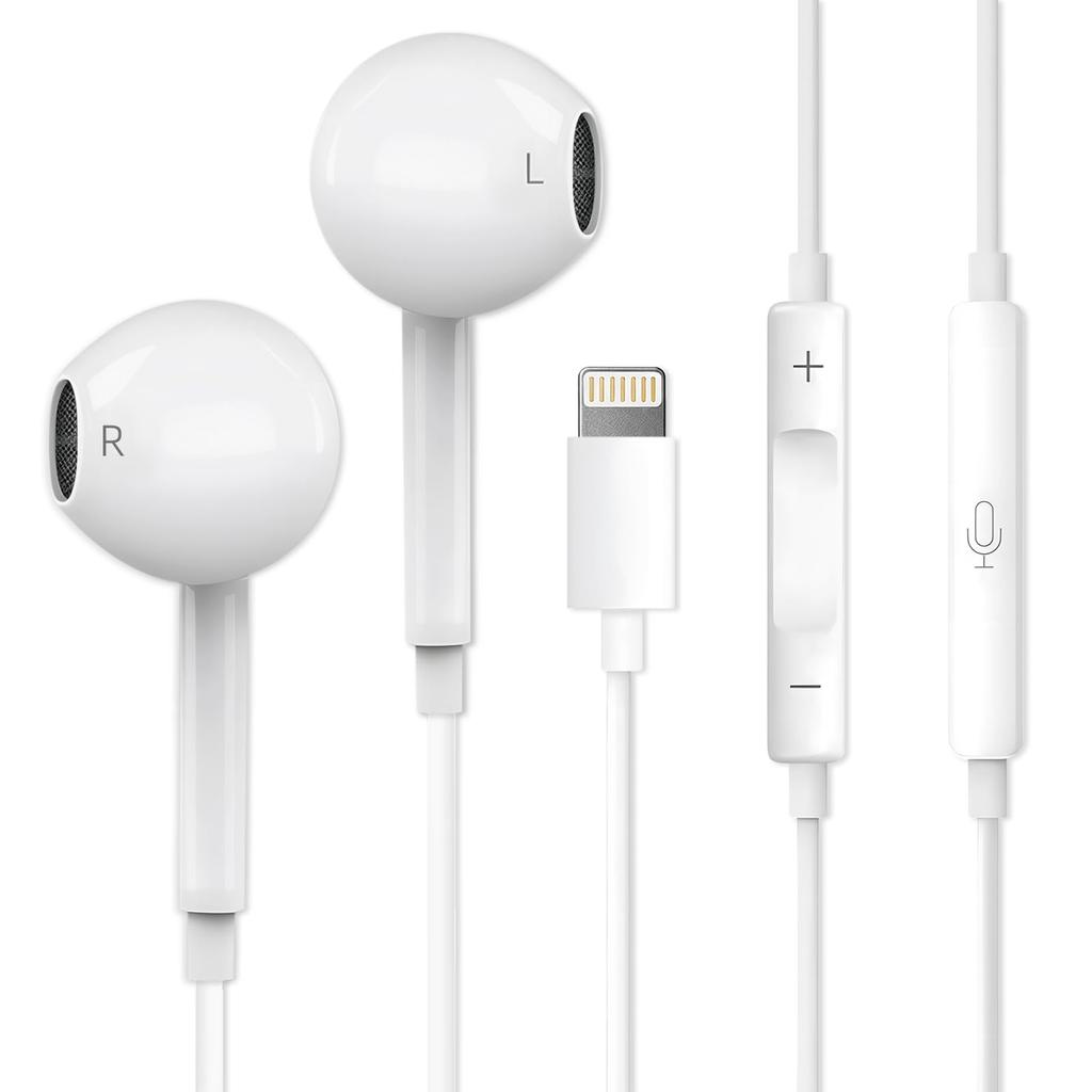 MFi Certified Lightning Wired Earphones with Built-in Microphone, 3D Surround Sound, Call Noise Cancellation, Volume Control, Easy On-Cable