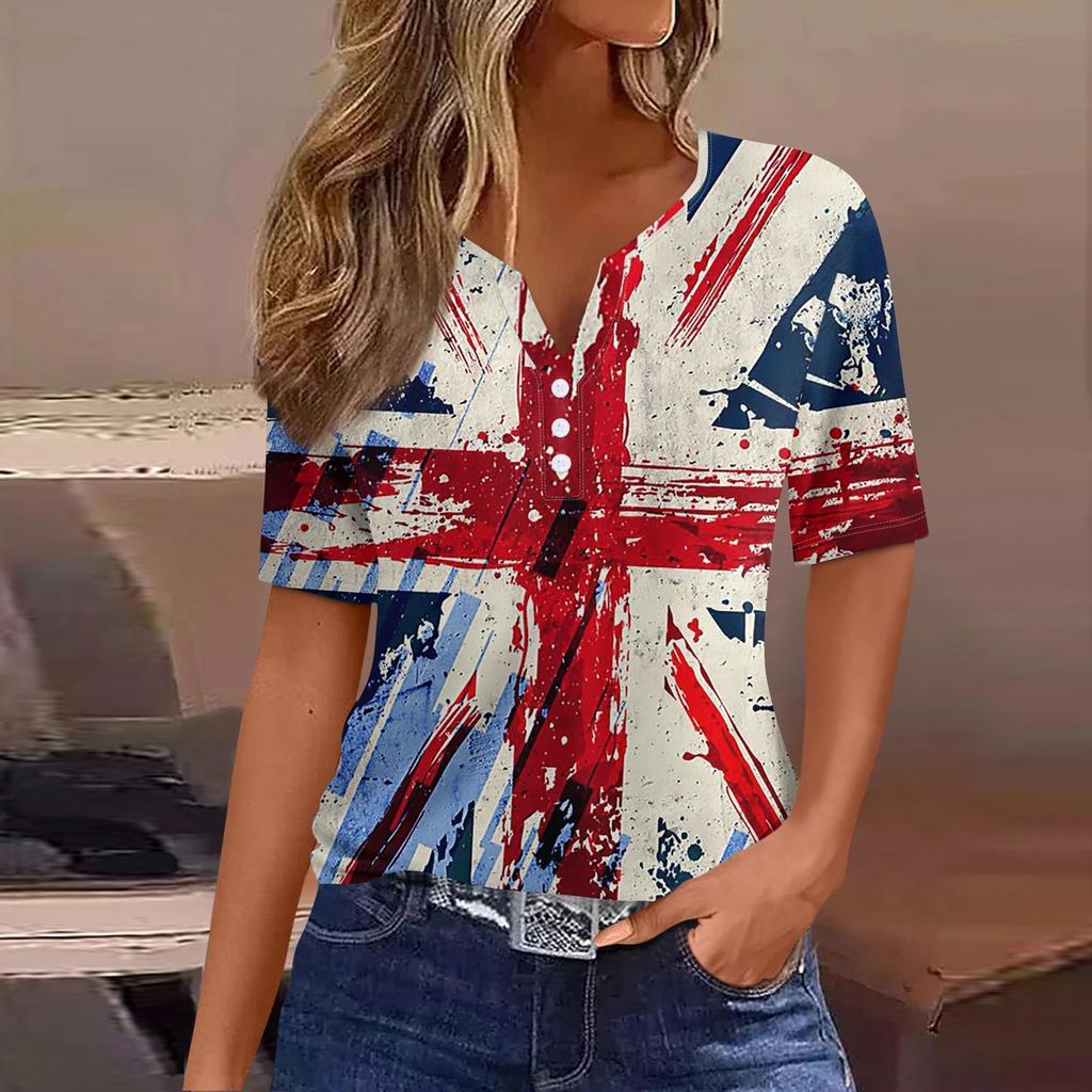 Damen T-Shirt mit Aufdruck „Unabhängigkeitstag“ und Knopfleiste, kurzärmelig, für den Alltag, Wochenende, modisch, Basic, V-Ausschnitt, normales Oberteil