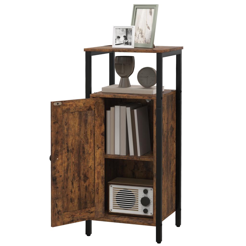 Side Table with Storage, 2 Open Shelves, 3-Level Adjustable, Magnetic Door, Brown
