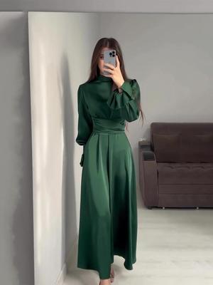 2024 Autumn Green Puff Sleeve Dress with Waist Tie