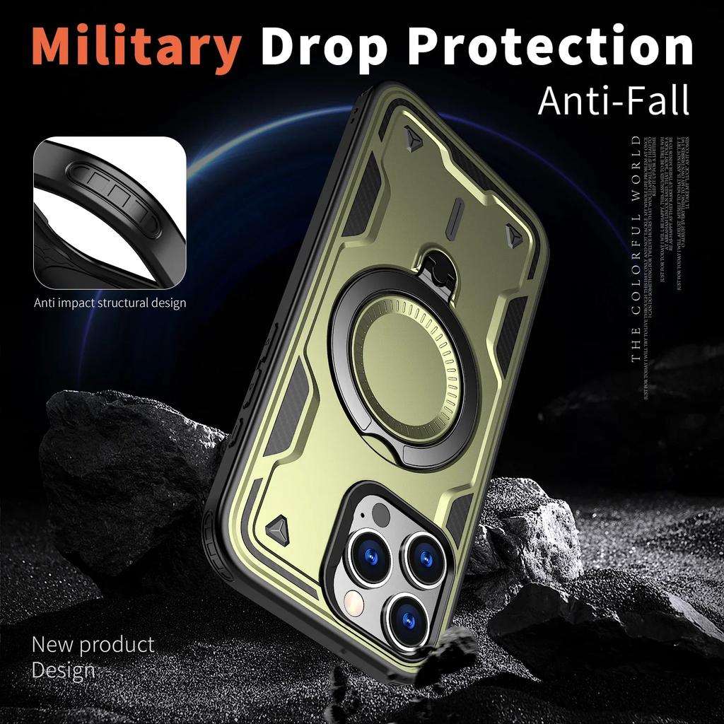 Military Armor Shockproof Case For iPhone 11 12 13 14 15 Plus 16 Pro Max 360° Rotating Ring Holder TPU Frame Plastic Phone Cover