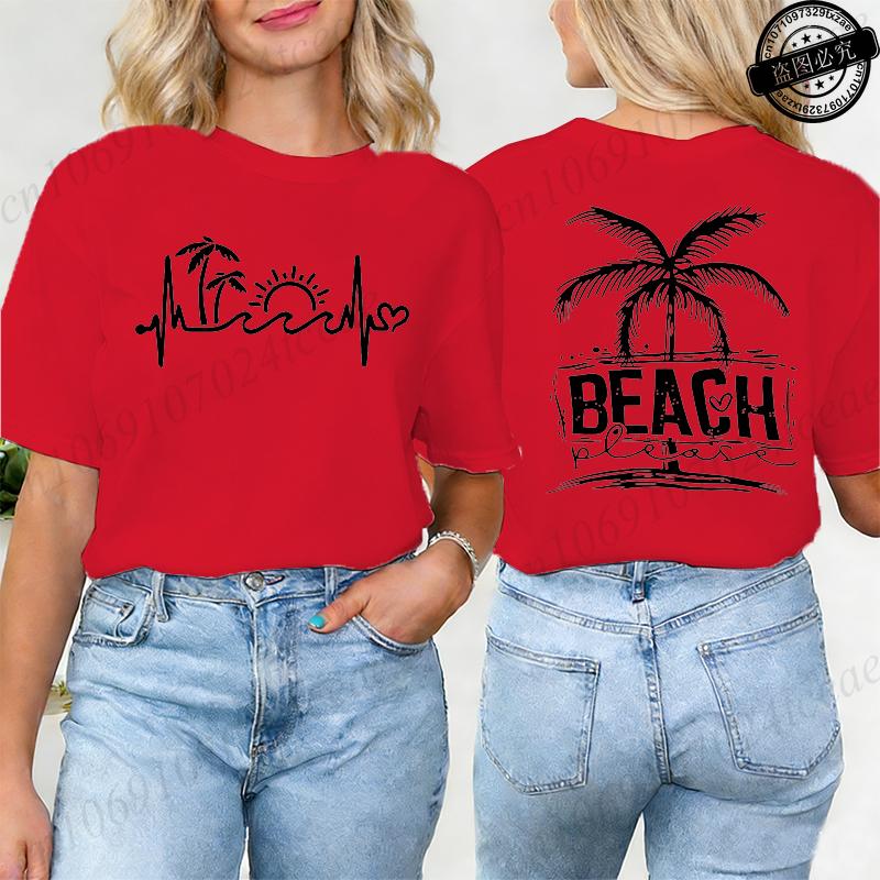 Summer Beach The Beach Is My Happy Place Graphic T Shirts Women Casual Short Sleeve O Neck Loose Fit Ladies Vacation Tee Tops
