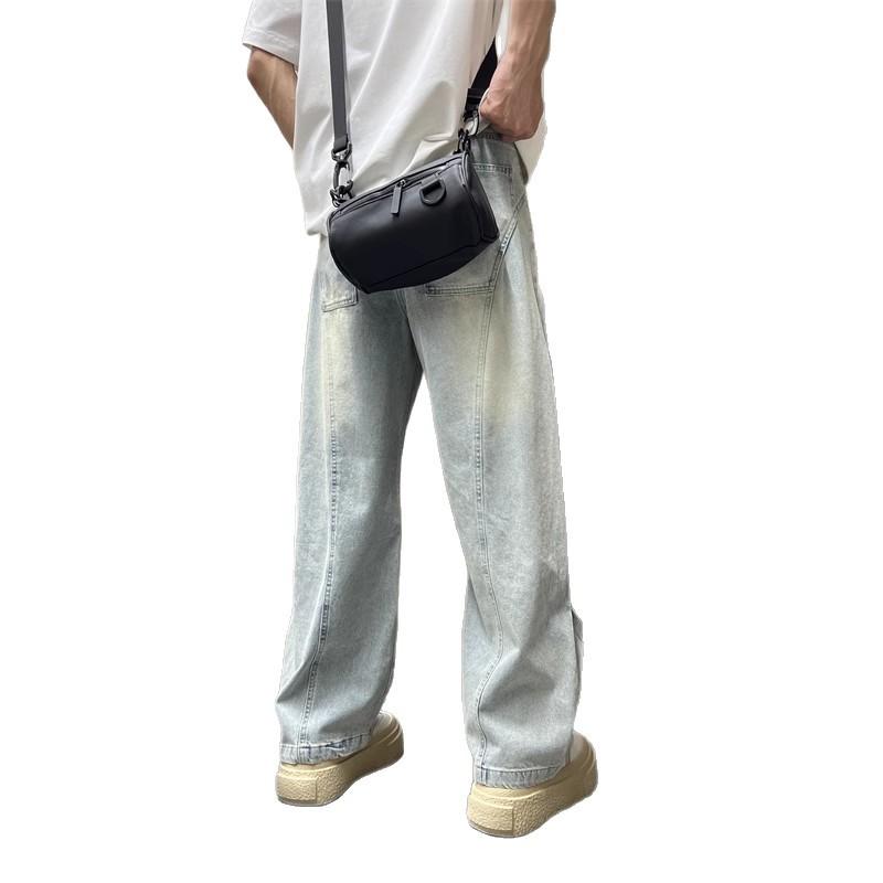 Summer ripped jeans solid color scimitar straight-leg pants men's loose retro wide-leg pants washed jeans