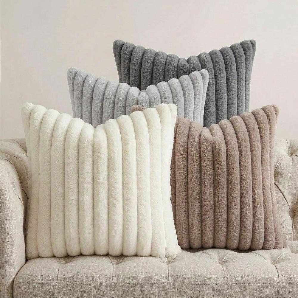 4PCS Soft Plush Pillowcases, Solid Color Striped Faux Rabbit Fur Pillowcases, Living Room Sofa Cushion Covers