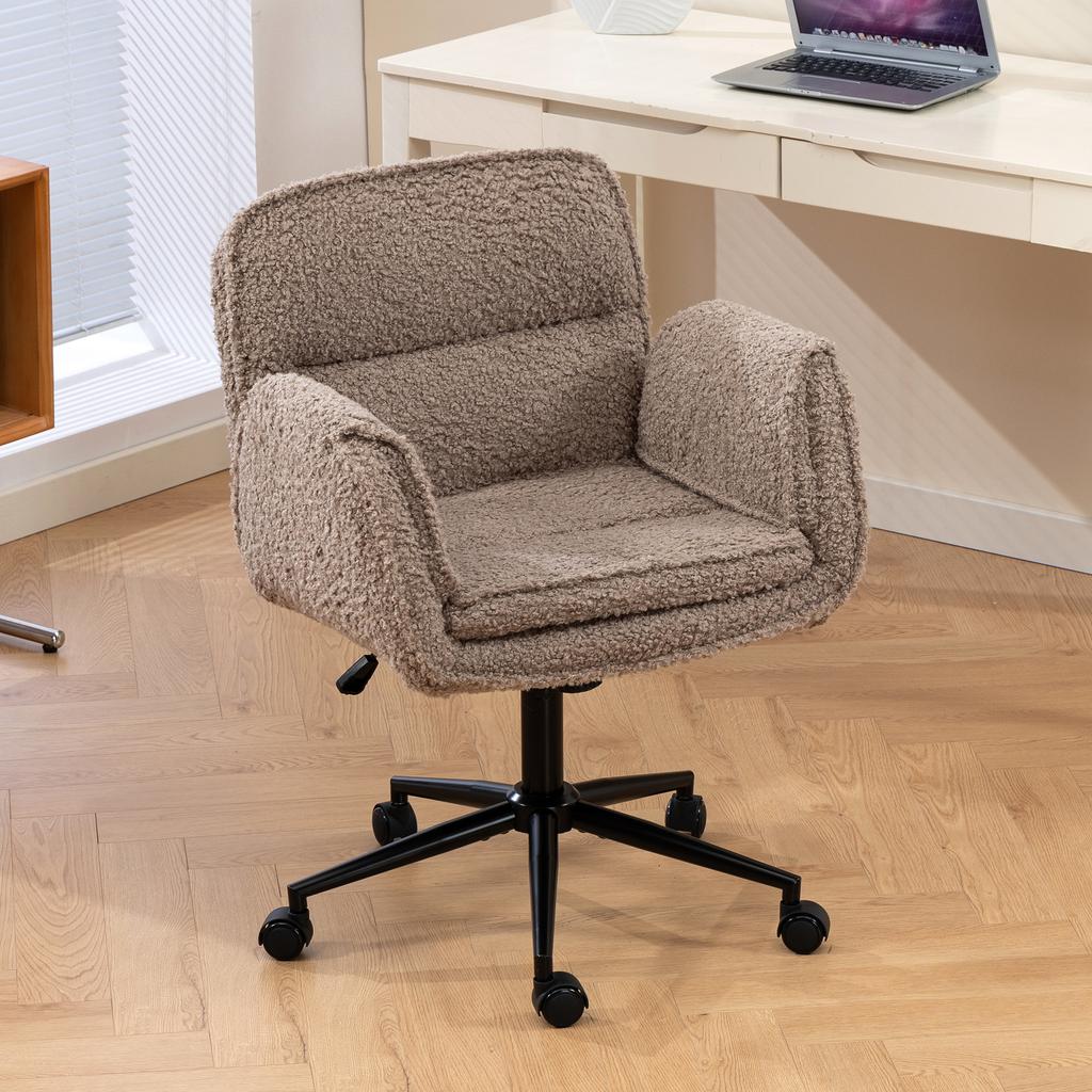 Criss-Cross with 5-Gear Adjustable Armrests and Casters, Thickened Backrest Swivel Desk Chair for Home Office, Bedroom and Living Room, Teddy Fleece