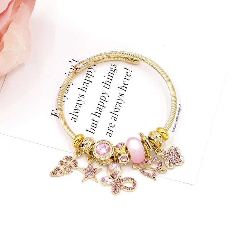 Delicate Diamond Inlaid Butterfly Hollow Heart Four Leaf Clover Pendant Stainless Steel Bracelet Jewelry For Girls розовый
