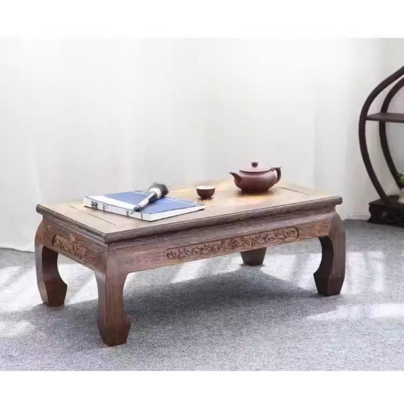 Solid Wood Coffee Table with Carved Legs, Wingset Wood Low Floor Desk for Tatami, Traditional Asian Style Window Sill Side Table