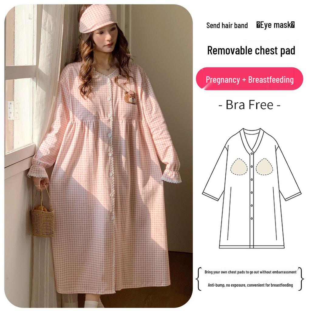 Plus Size Maternity Nightgown with Breast Pads for Postpartum, Spring, Summer, Autumn; Comfortable Labor Dress for Pregnant Women