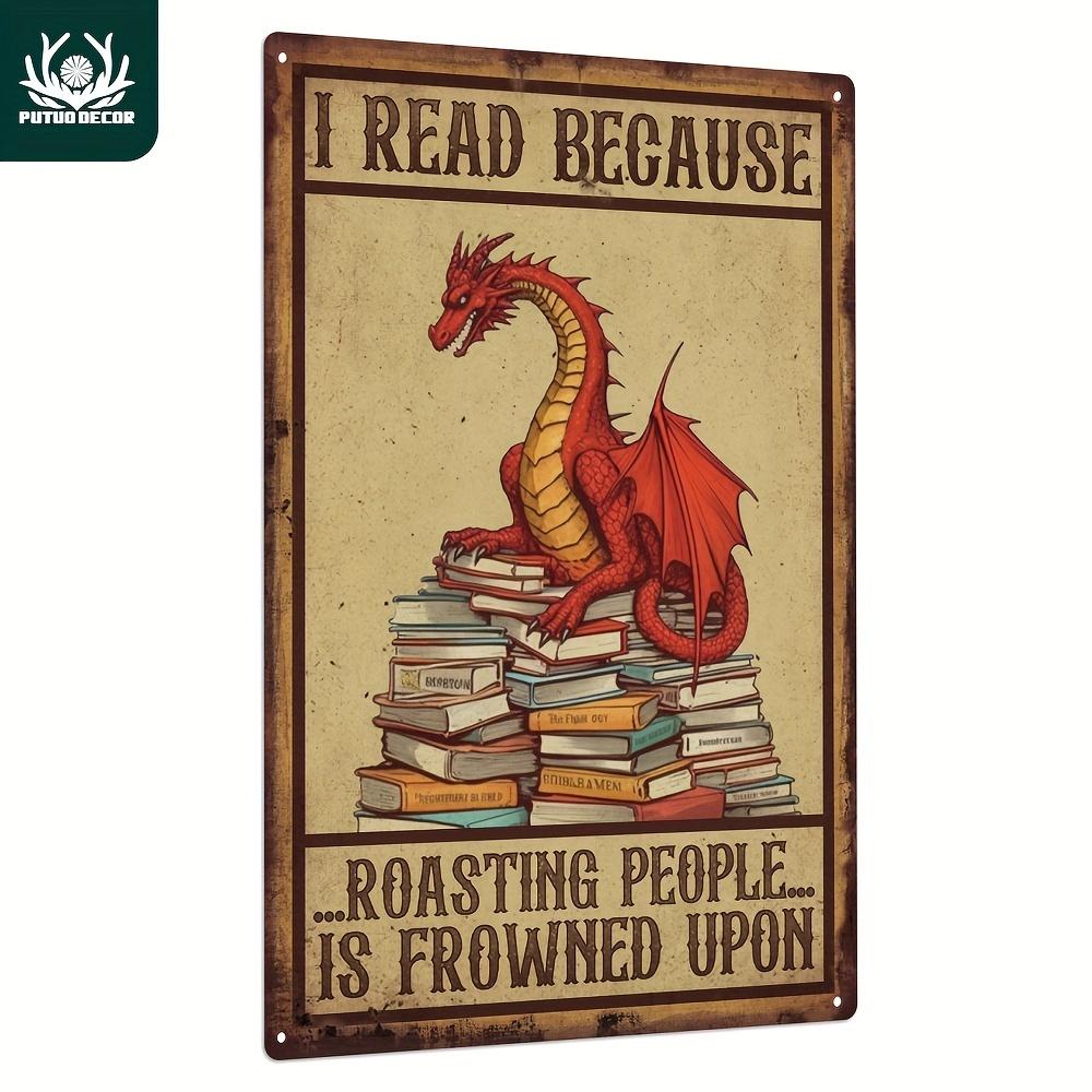 1pc Iron Decor Vintage Red Dragon Metal Poster - Funny Book Lover Decor with Reading Dragon, Retro Library Wall Art for Home