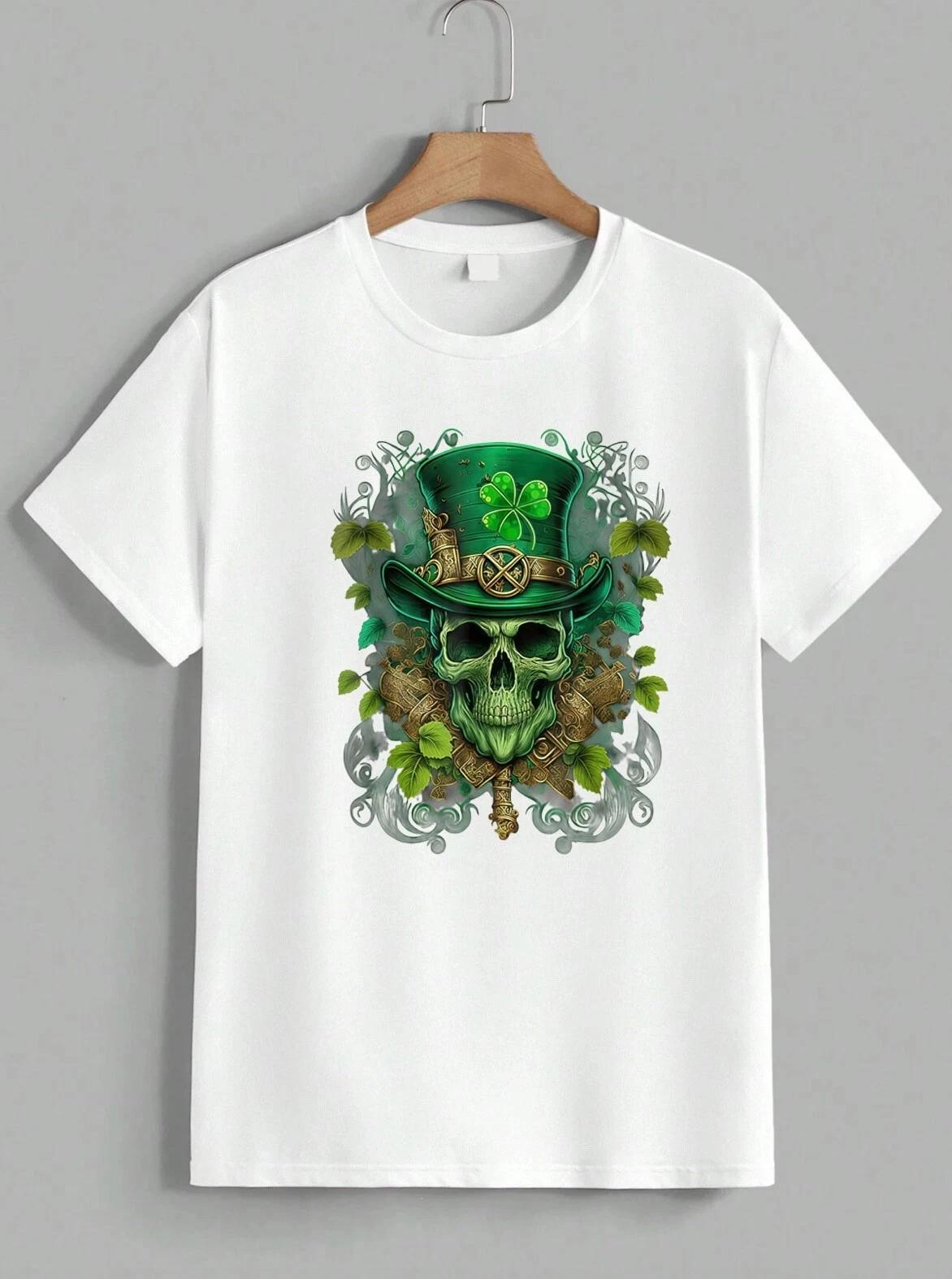 St Patricks Day Green Skull Leprechaun Top Hat Shamrock Graphic T-Shirt Unisex XL
