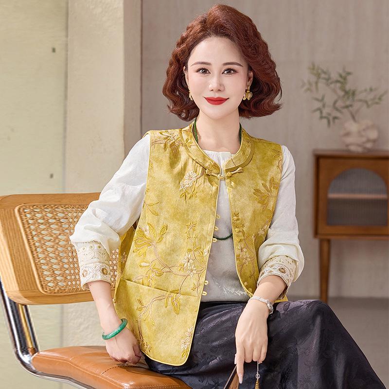 

2026 Chinese National Style Spring Vest for Middle-aged Women - Elegant Spring/Autumn Waistcoat 3XL (120-135 lbs)