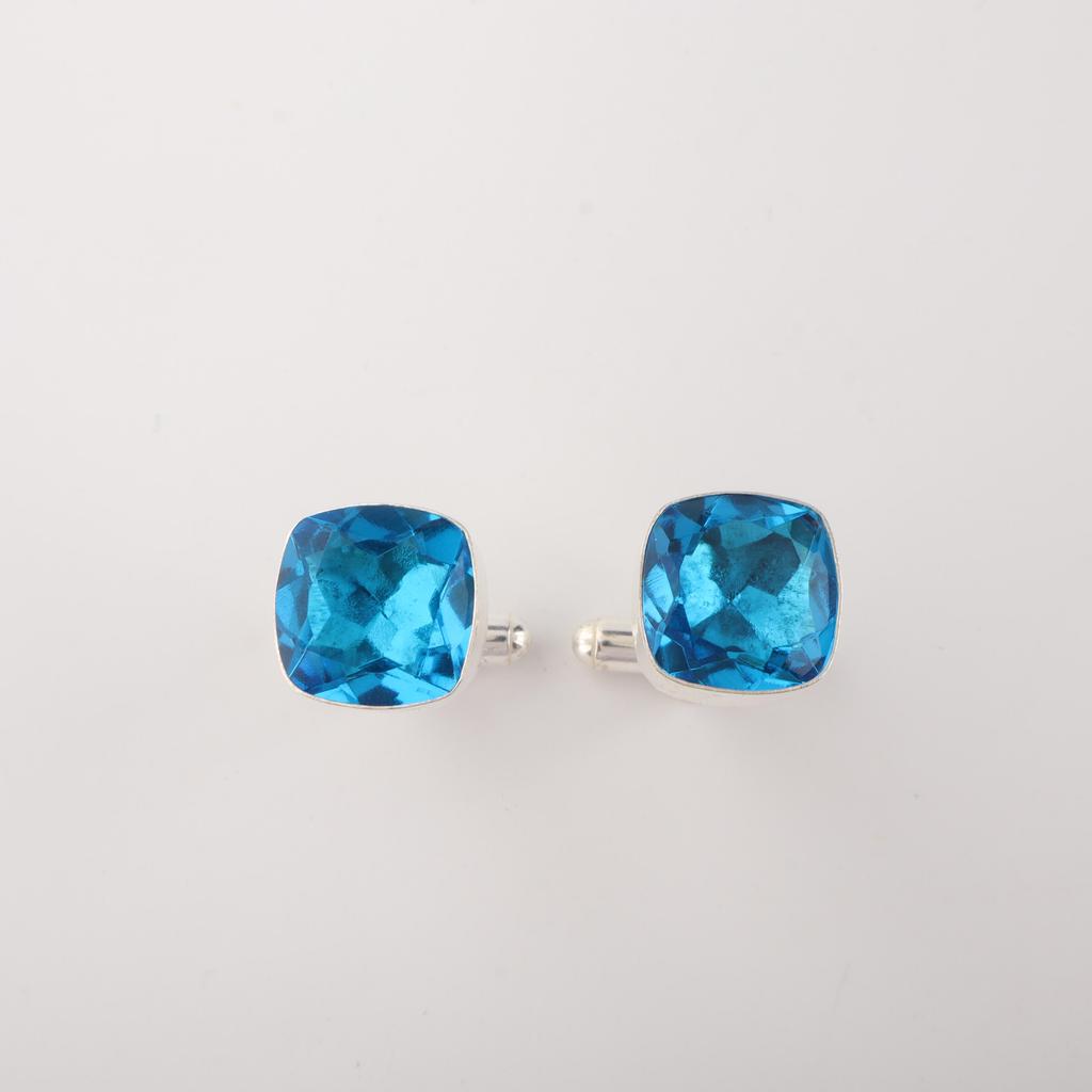 Swiss Blue Topaz Gemstone 925 Sterling Silver Men's Suit Cufflink 1" Handmade Jewelry Gift For Husband CL-9-10