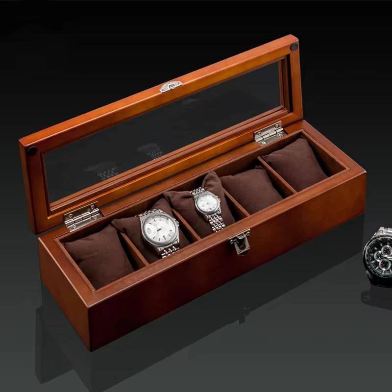 

Wood Watch Organizer Box Men Luxury Jewelry Watch Storage Showcase New Fashion Glass Window Box Portable Watch Display Holder коричневий