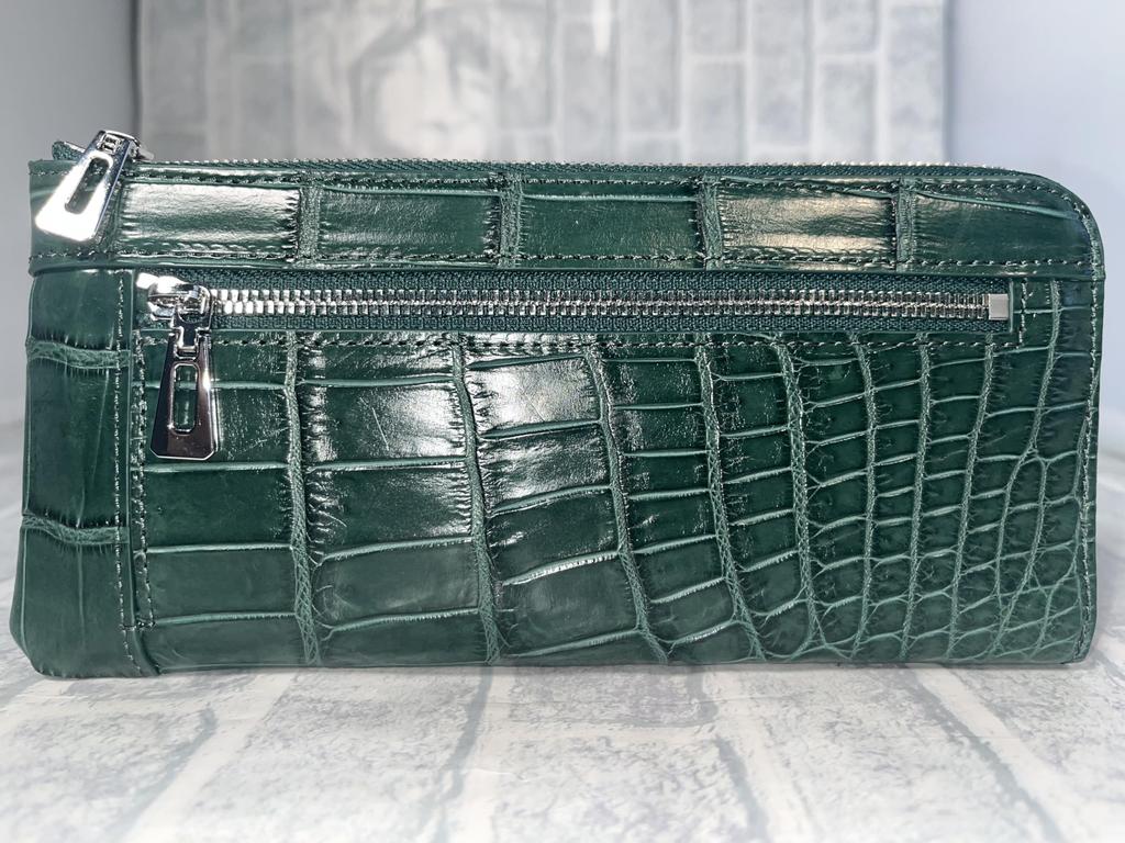 GUODI Genuine Crocodile Leather Matte Crocodile Long Wallet with L-Shaped Zipper, for Men and Women, W169L (Cyprus Green)