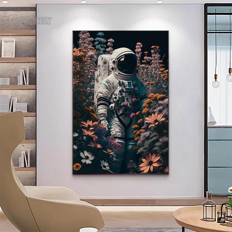 Astronaut In Flowers Canvas Painting Cosmonaut and Planet Posters Prints Modern Wall Art Pictures for Home Kid Beroom Decoration