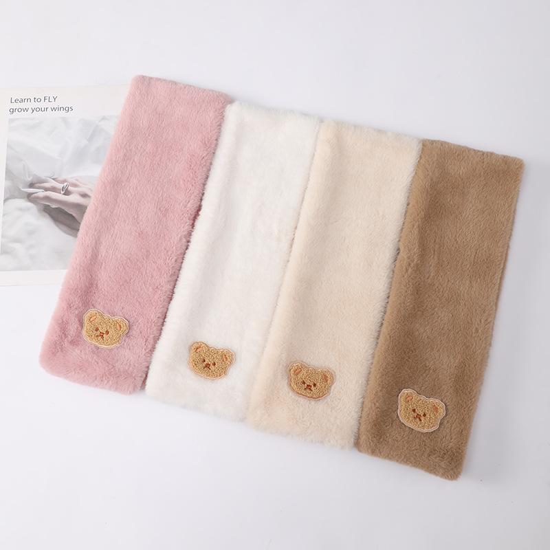 Cute Bear Baby Scarf Boys Girls Winter Warm Scarves Imitation Rabbit Fur Neck Protector Soft Plush Cross Scarf Kids Accessories