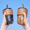 450ml Coffee Glasses Heat Resistant Leather Cover Glass Mug Water Cup Tea Wine Drinkware Glasses Tumbler With Lids Straw