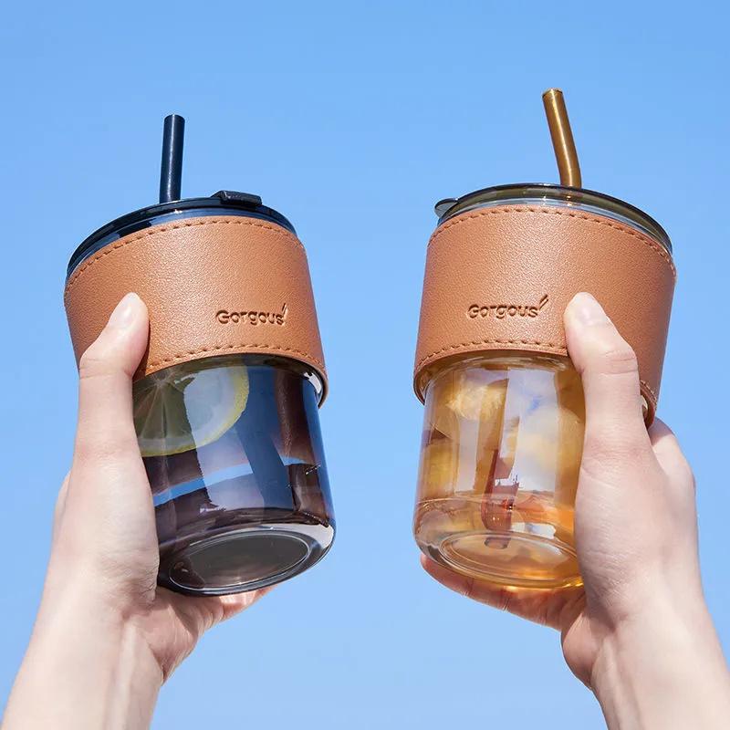 450ml Coffee Glasses Heat Resistant Leather Cover Glass Mug Water Cup Tea Wine Drinkware Glasses Tumbler With Lids Straw