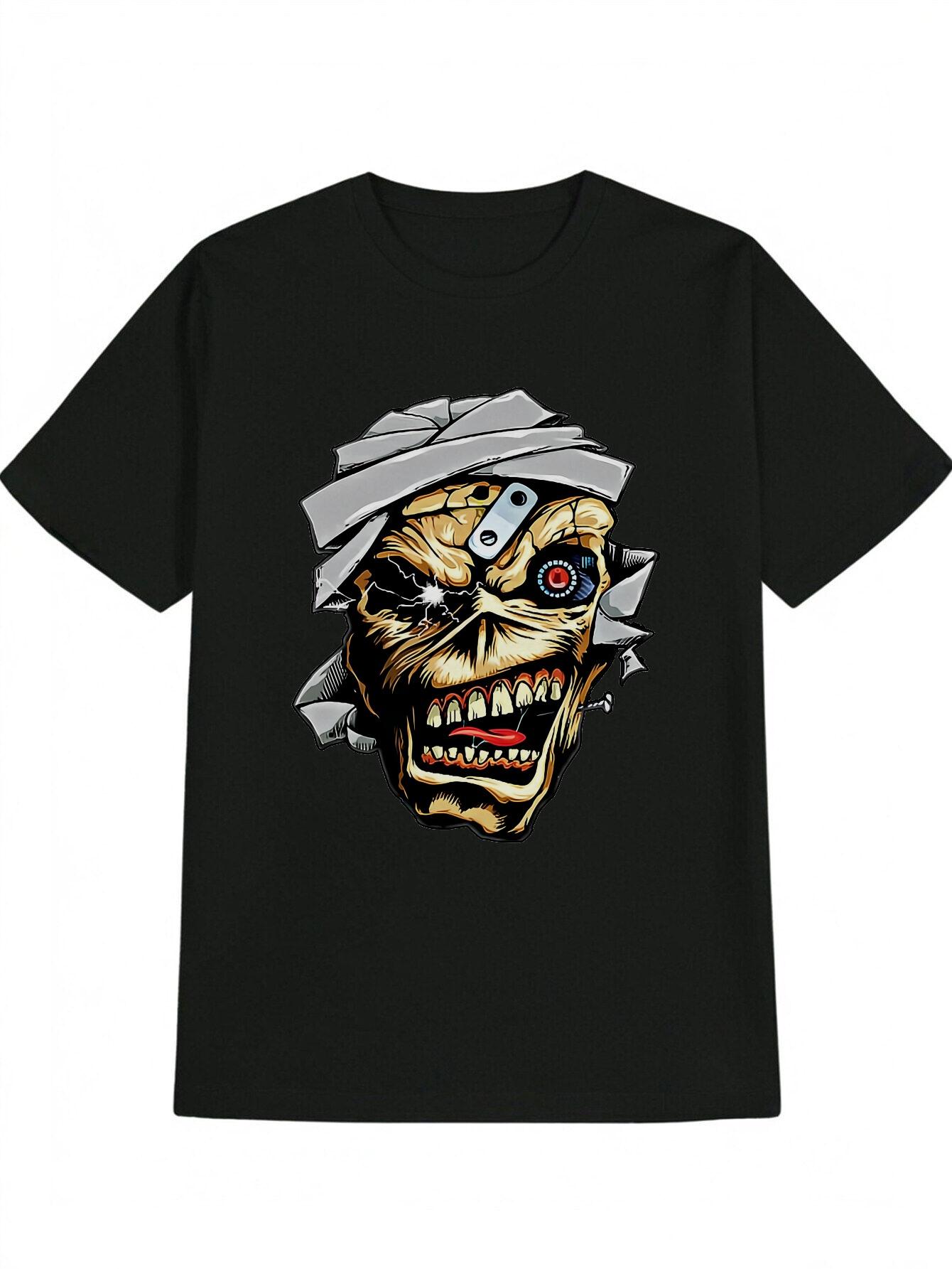 Casual Graphic T-shirt with Skull Bandage Print - Black Round Neck Summer Tee S разноцветный
