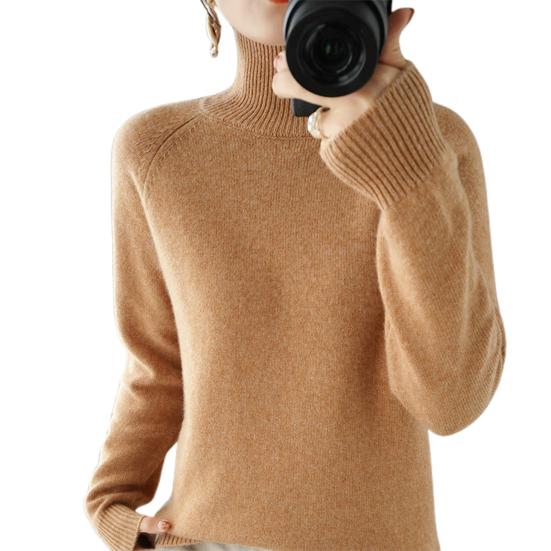 Women Sweater High Collar Long Sleeve Ribbed Trim Knitting Tops Solid Color