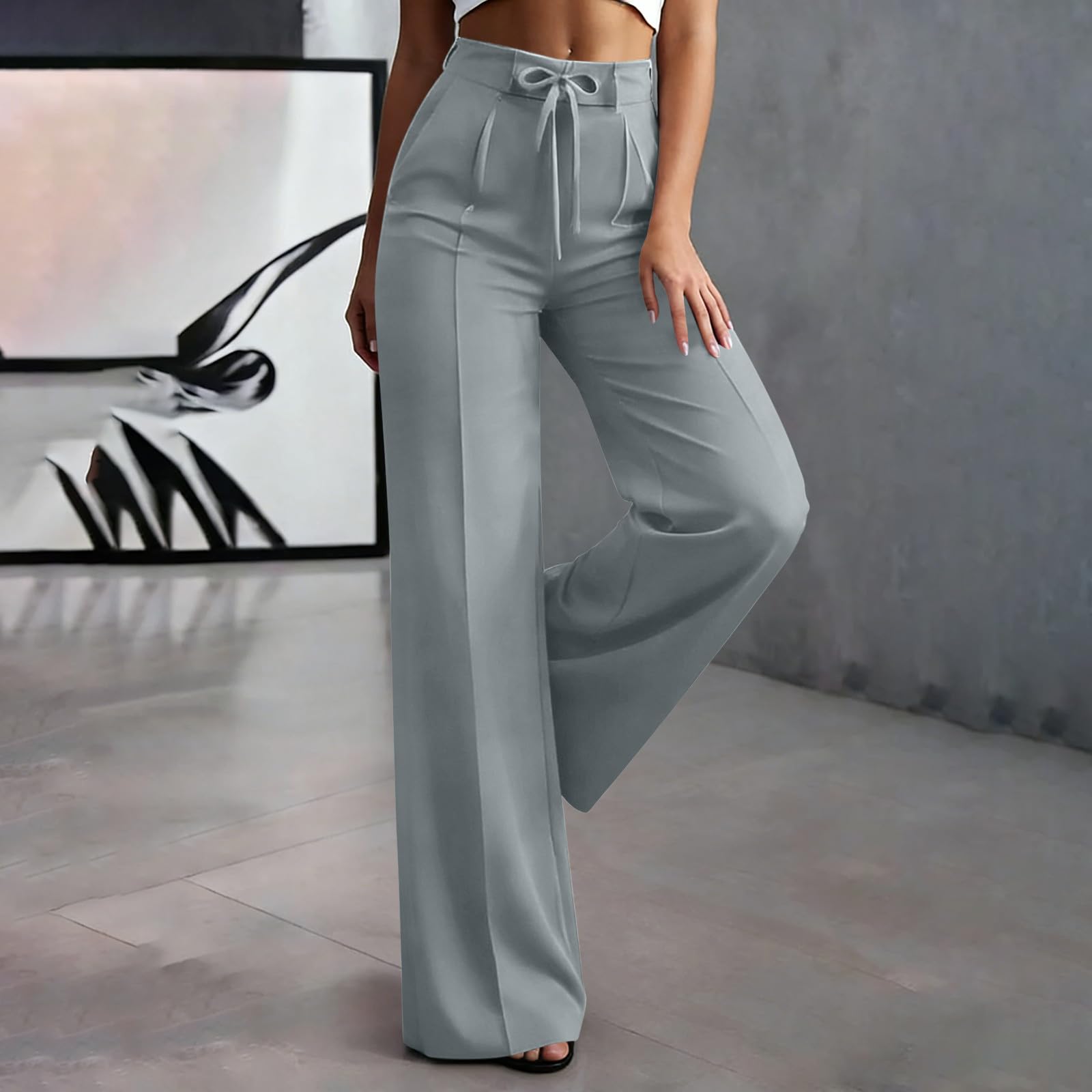

Women s Loose Fit Wide Leg Dress Pants High Waist Elastic Waistband Casual Trousers with Drawstring Professional Office Wear XL