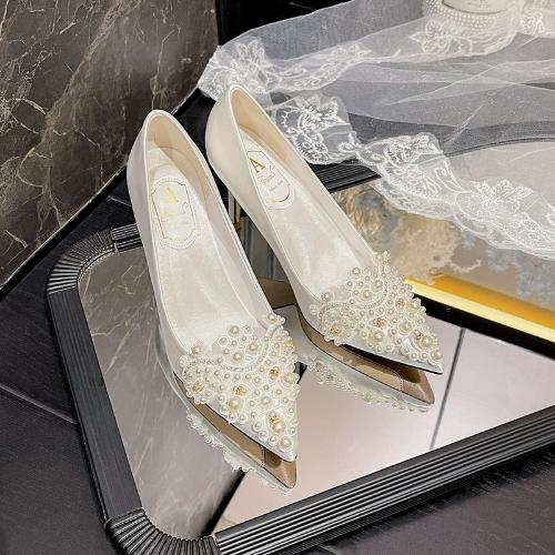 Fashion White Wedding Shoes for Bride Pointed Toe High Heels Rhinestone Pearl French Satin Bridal Party Shoes