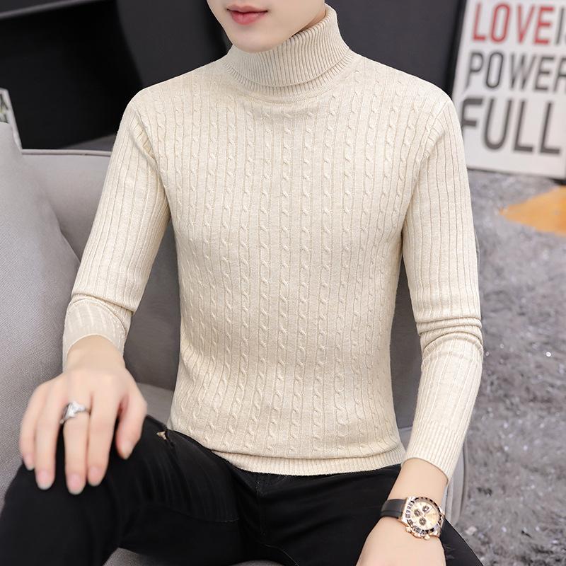 New Men's Turtleneck Sweaters Autumn Knitted Striped Streetwear Warm Long Sleeved Pullover Solid Color Basic Style Casual Tops